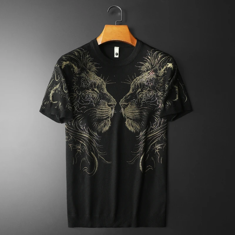 High-End Knitted Rhinestone T Shirt For Men Short Sleeve Stretchy Spring Quality Soft Comfortable Lion Print Camisetas De Hombre
