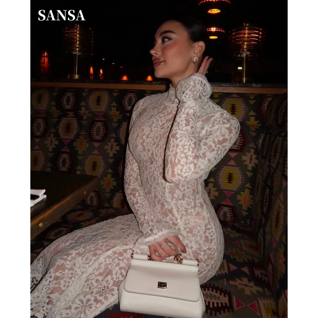 Sansa Customized High Neck Prom Dresses Lace Embroidery Long Sleeve Vestidos De Noche Mermaid Tra-length Formal Evening 2026