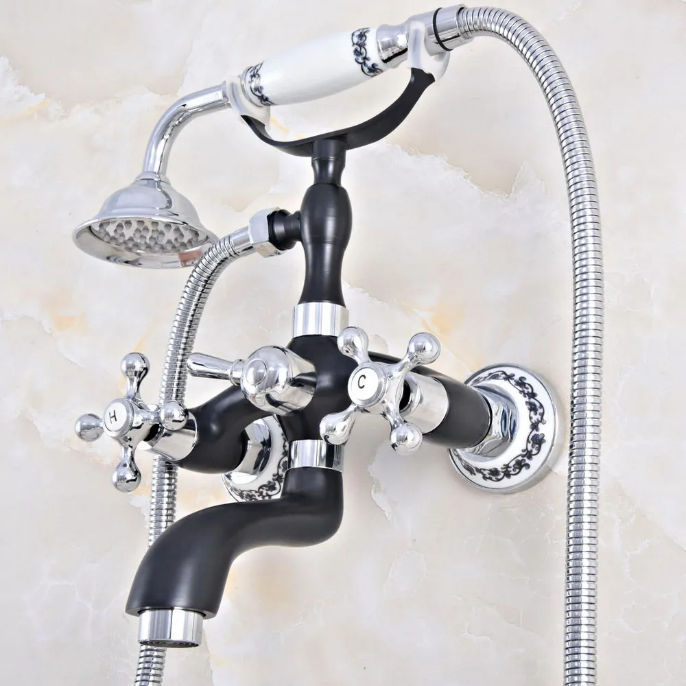 

Black Oil Rubbed & Chrome Brass Wall Mounted Bathroom Bathtub Faucet Set WITH/ 150CM Handheld Shower Spray Head Mixer Tap Dna605