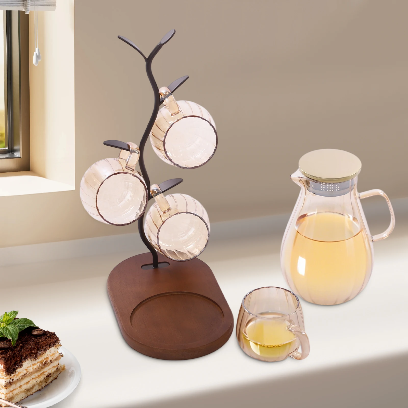 Entertainment Water Station 1500ml Borosilicate Set W/ 4 Cups & Display Rack -20°C~250°C for Dinner Party/Office Amber Finish