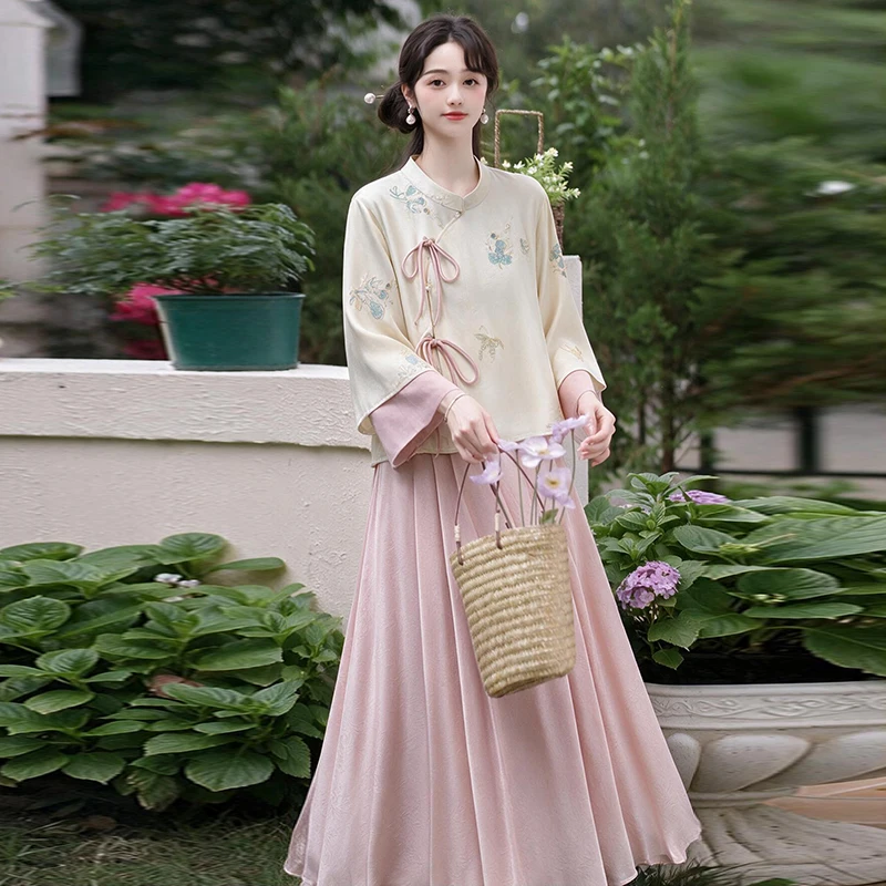 New Chinese Style Autumn Winter Hanfu Embroidered Tea Shop Health Care Center Two Piece Set Skirt Traditional Costume Women