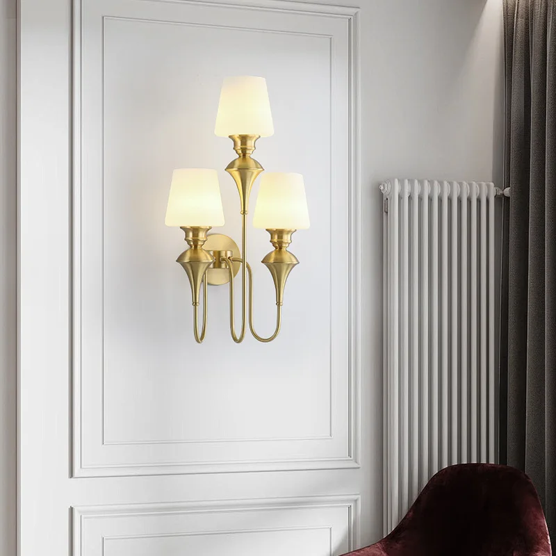 All-copper retro simple wall lamp American background wall light luxury bedside lamp living room single head post-modern bedroom