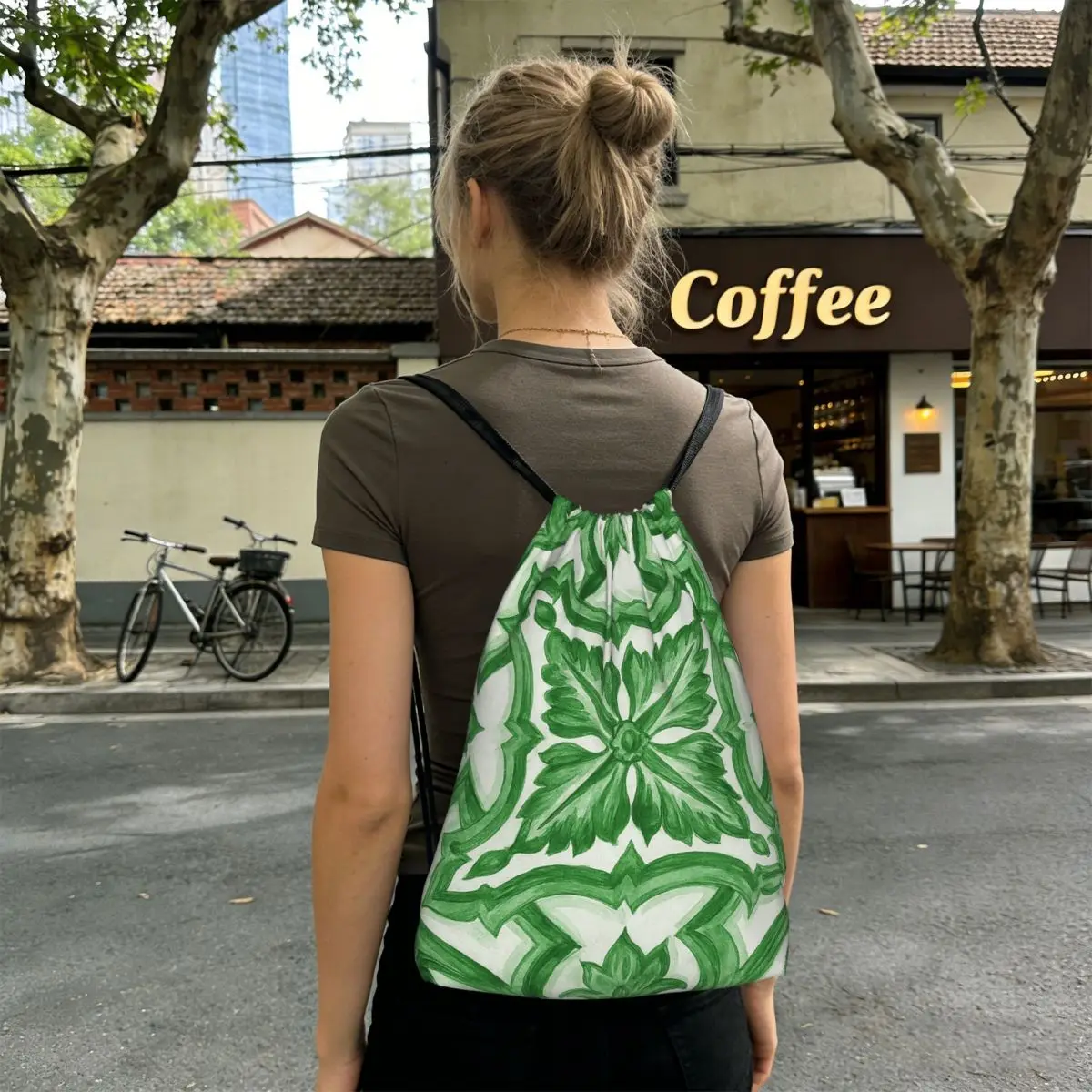 Green Ornate Floral Mediterran - Tile Bag Drawstring 评论和价格