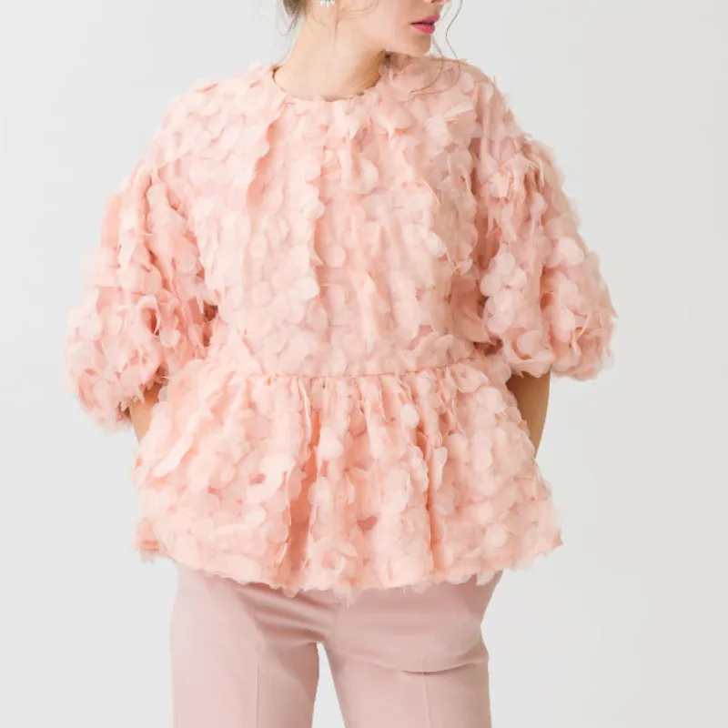 

Japanese Sweet Ruffles Pink Blouse for Women O Neck Half Sleeve Loose Casual Vintage Woman Shirts Spring Summer 2024 Blusas