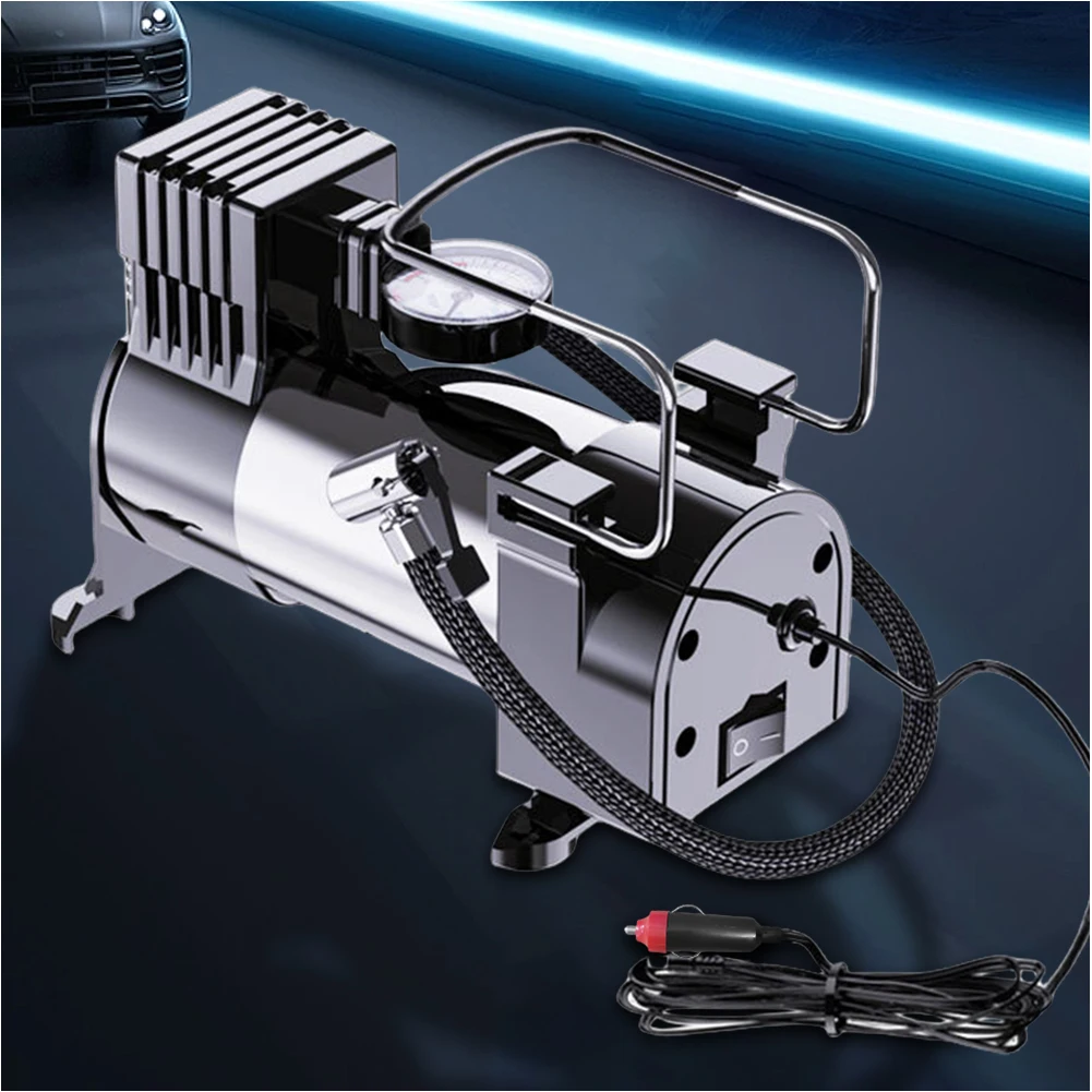 12V Car Tire Pump with Pressure Gauge Mini Air Compressor Cylinder Power System Heavy Duty Deluxe Portable Metal Air Compressor