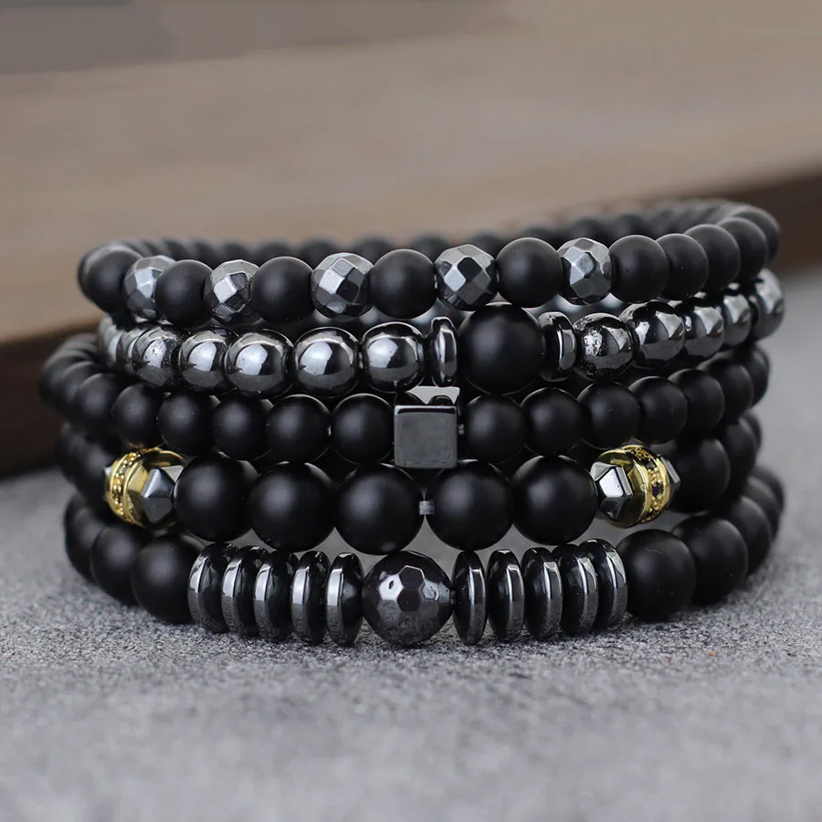 5Pcs Luxus Männer Perlen Armband Set Charms Natürliche Matt Stein Hämatit Multi Passenden Handgemachte Healing Schmuck Set Joias