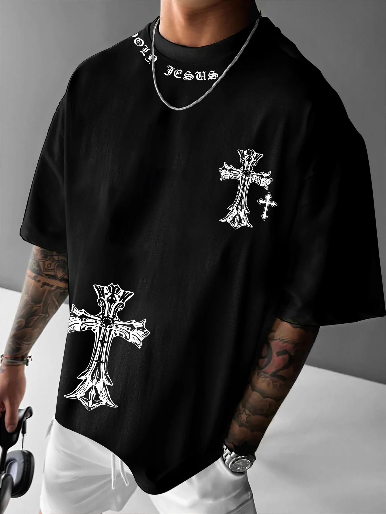 Mens Fashion Combination - Men's Casual T-Shirt, Ornate Baroque Cross
