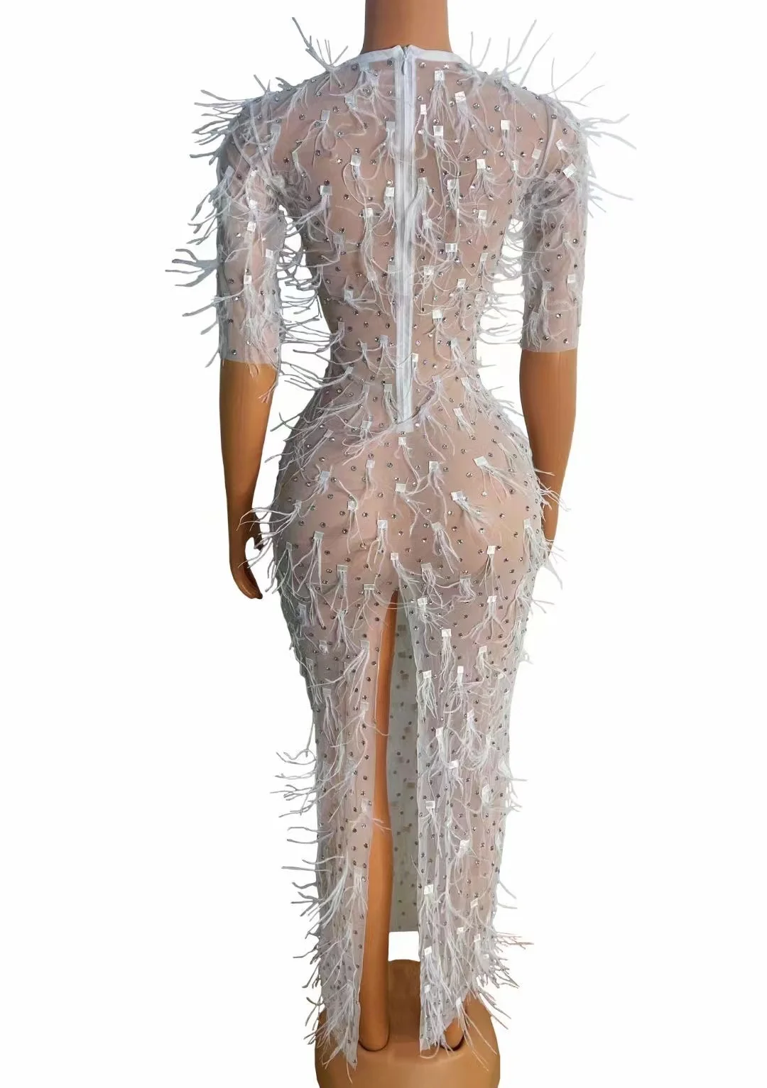 Vestido ajustado de lentejuelas de encaje elástico alto de plumas de manga corta personalizado, vestido Sexy para fiesta de cumpleaños, vestido de rendimiento