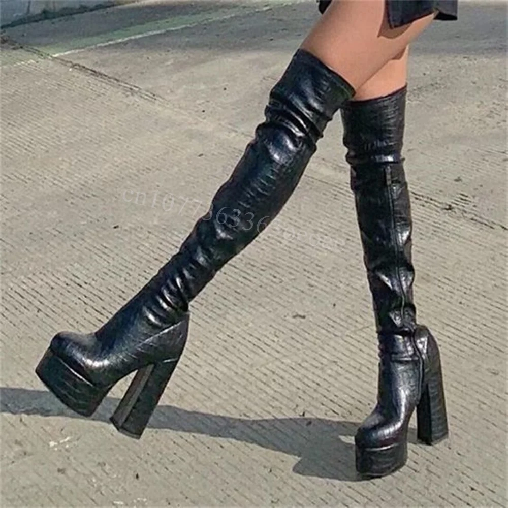 Chunky High Heels Platform Boots Thigh High Black Shoes for Women Matte Leather Skintight Fashion Shoes 2024 Zapatos Para Mujere