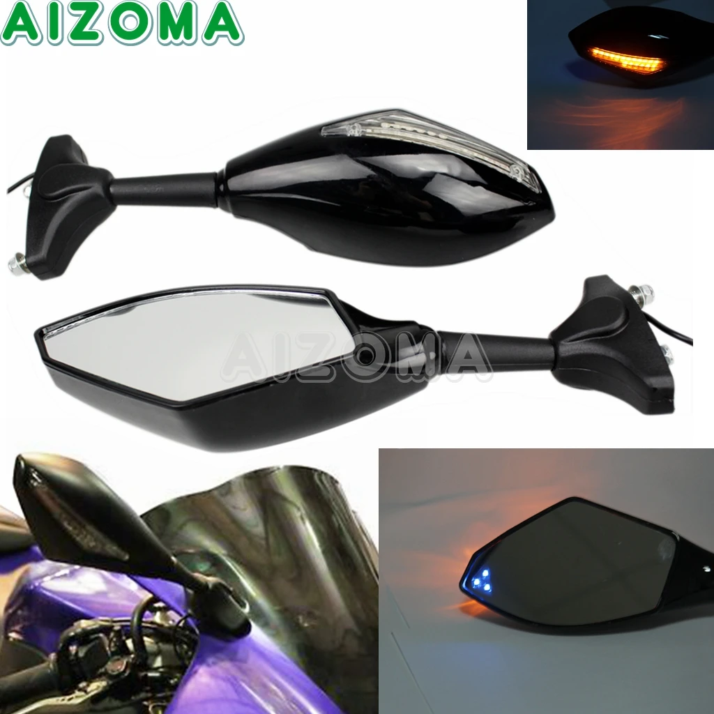 Universal Street Bike Rearview Mirrors LED Indicator Turn Signals Motorcycle Mirrors For Kawasaki Yamaha Suzuki Honda BMW Ducati