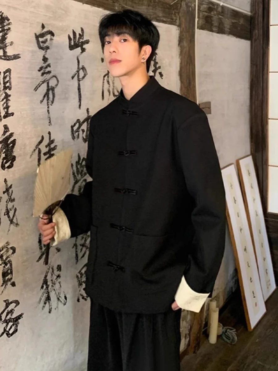

Casual Bla Jaet New Chinese Sle Retro Design Men's Women's Stand Collar Button up Coat Youth ular Autumn Long Sve