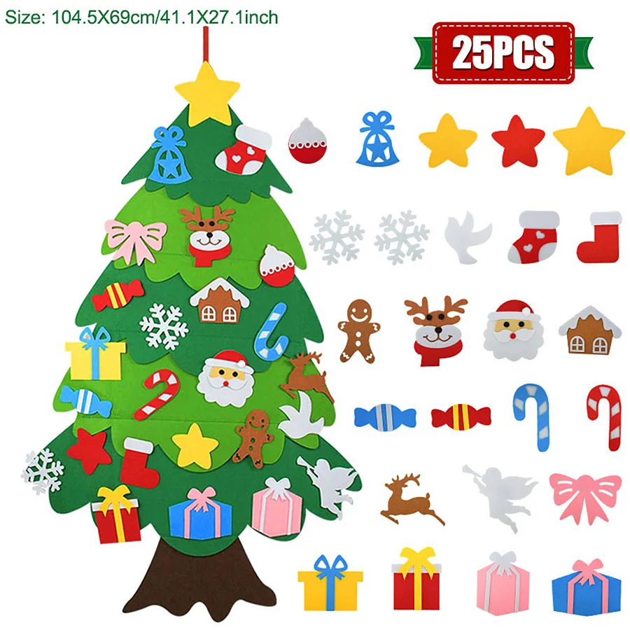 1set DIY Felt Christmas Tree Set with Detachable Ornaments Handmade Paste Xmas Tree Wall Hanging Decor Christmas Gift