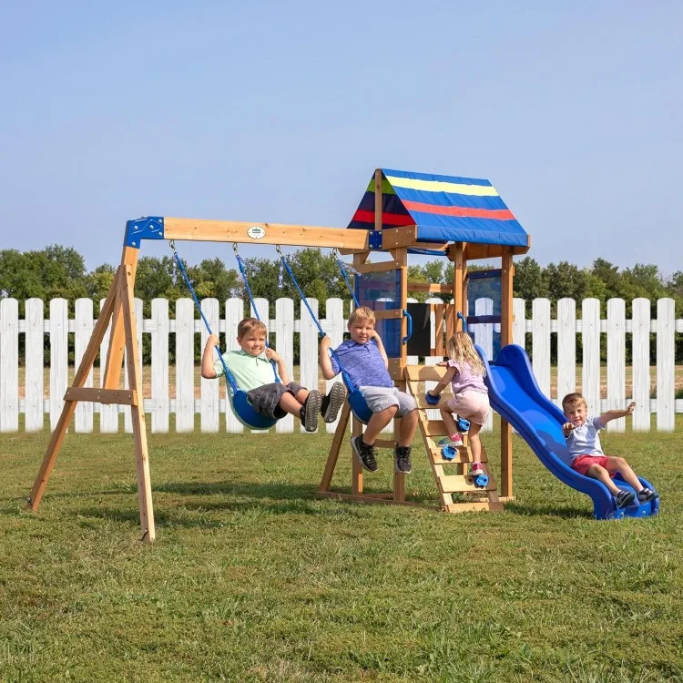 All Cedar Wooden Swing Set, Large Upper Deck with Canopy, Sandbox, Rock Wall, Slide, Two Swings, Chalkboard Blue