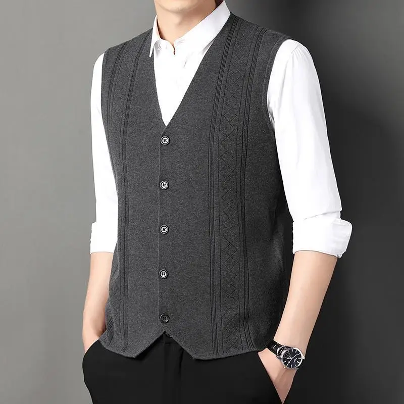 

Мужской весенне-осенний тонкий вязаный жилет без рукавов с v-образным вырезом и пуговицами, однотонный жаккардовый деловой универсальный жилет, майка