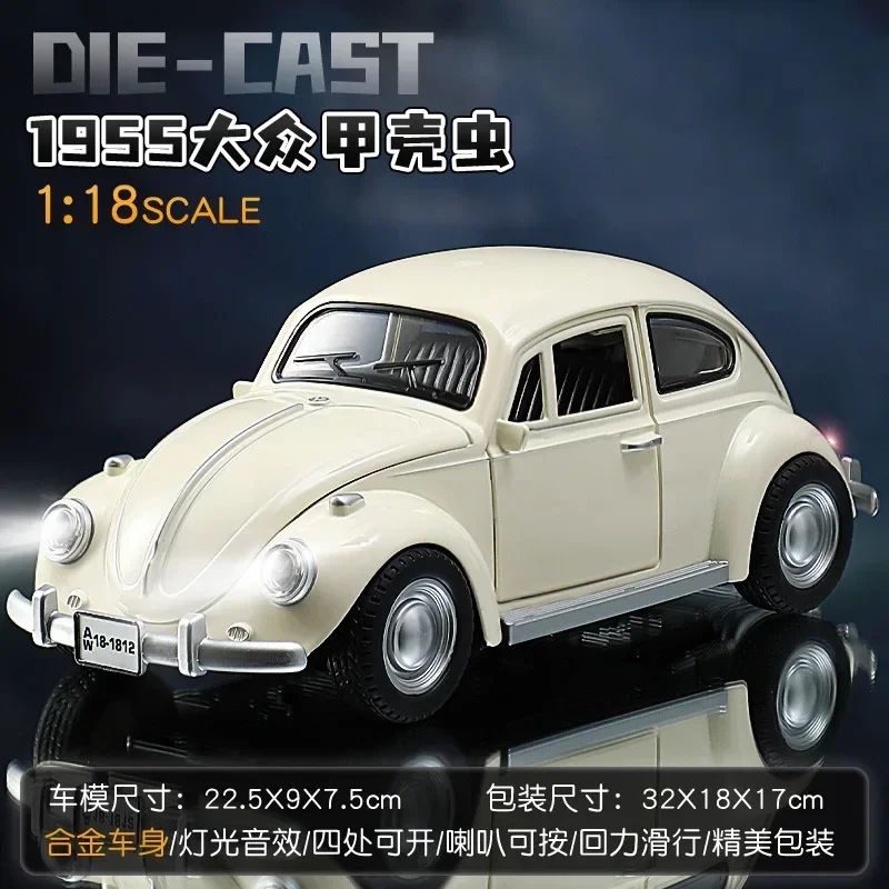 Modèle de voiture en alliage métallique moulé sous pression pour enfants, simulation de voiture classique Volkswagen Beetle, son et lumière, nervure arrière, collection de jouets, cadeaux, 1:18, 1955