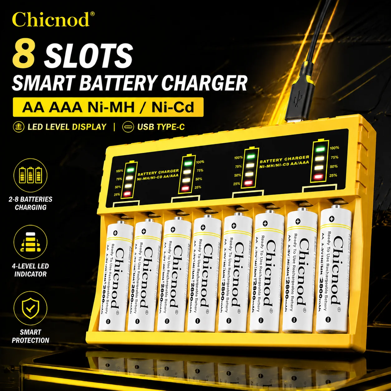 Chicnod N803 8 Slot AA AAA Battery Charger Ni-MH Ni-Cd Rechargeable Battery Charger LED Display USB Type-C Smart Charger