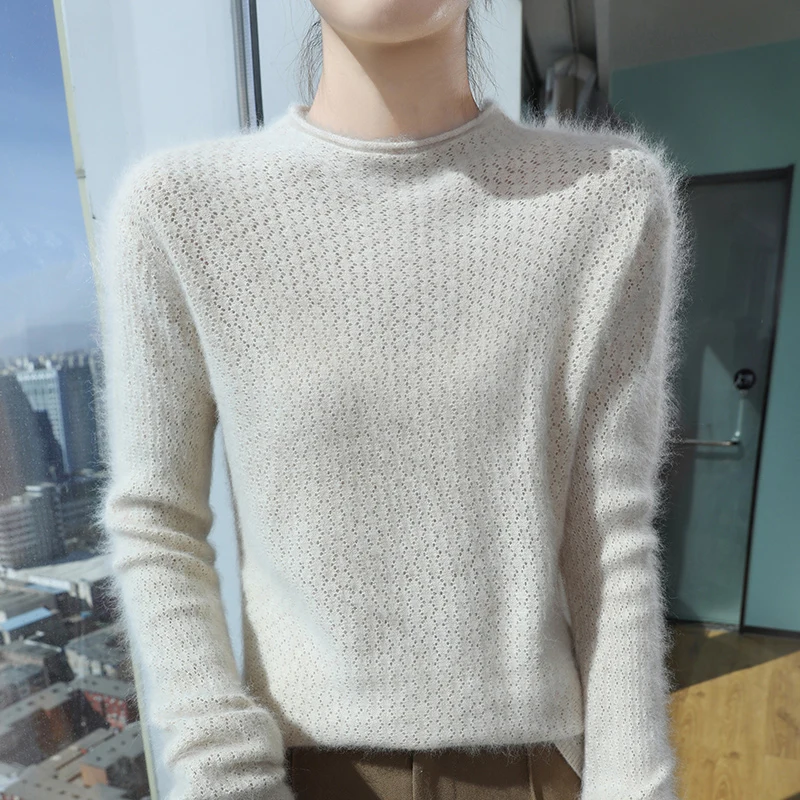 

100%Pure Mink Cashmere Jacquard Sweater Women's Round Neck Loose Pullovers Fashion Hollow Joker Knitted Blouse Autumn Base Shirt