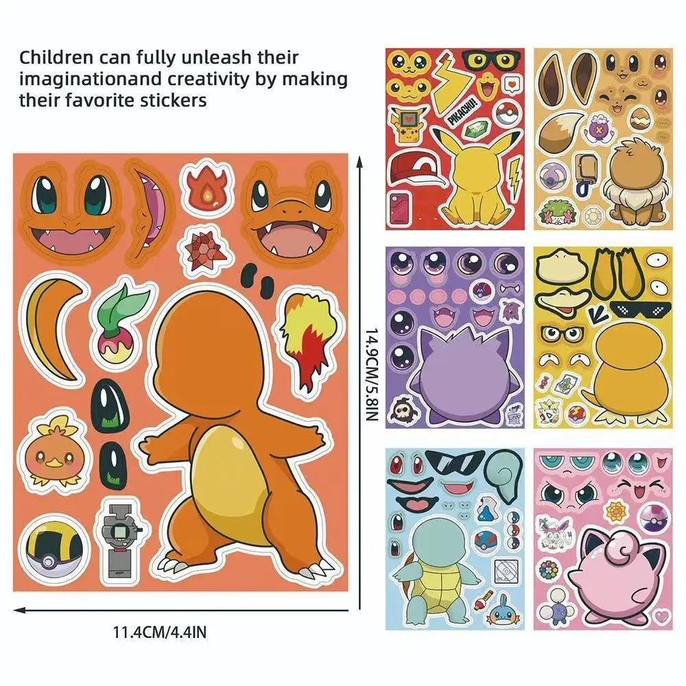 8 Vellen Anime Pokemon Cartoon Puzzel Stickers Pikachu Kinderen Maken Een Gezicht DIY Speelgoed Grappig Monteren Jigsaw Kids Jongens meisjes Party