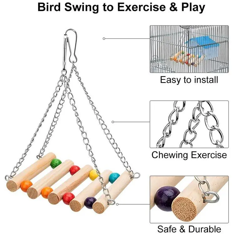 Bird Cage Accessories Wholesale 8 Packs Parakeet Wood Swing Climbing Ladder Hanging Bell Chewing Bird Toys Set For Parrots