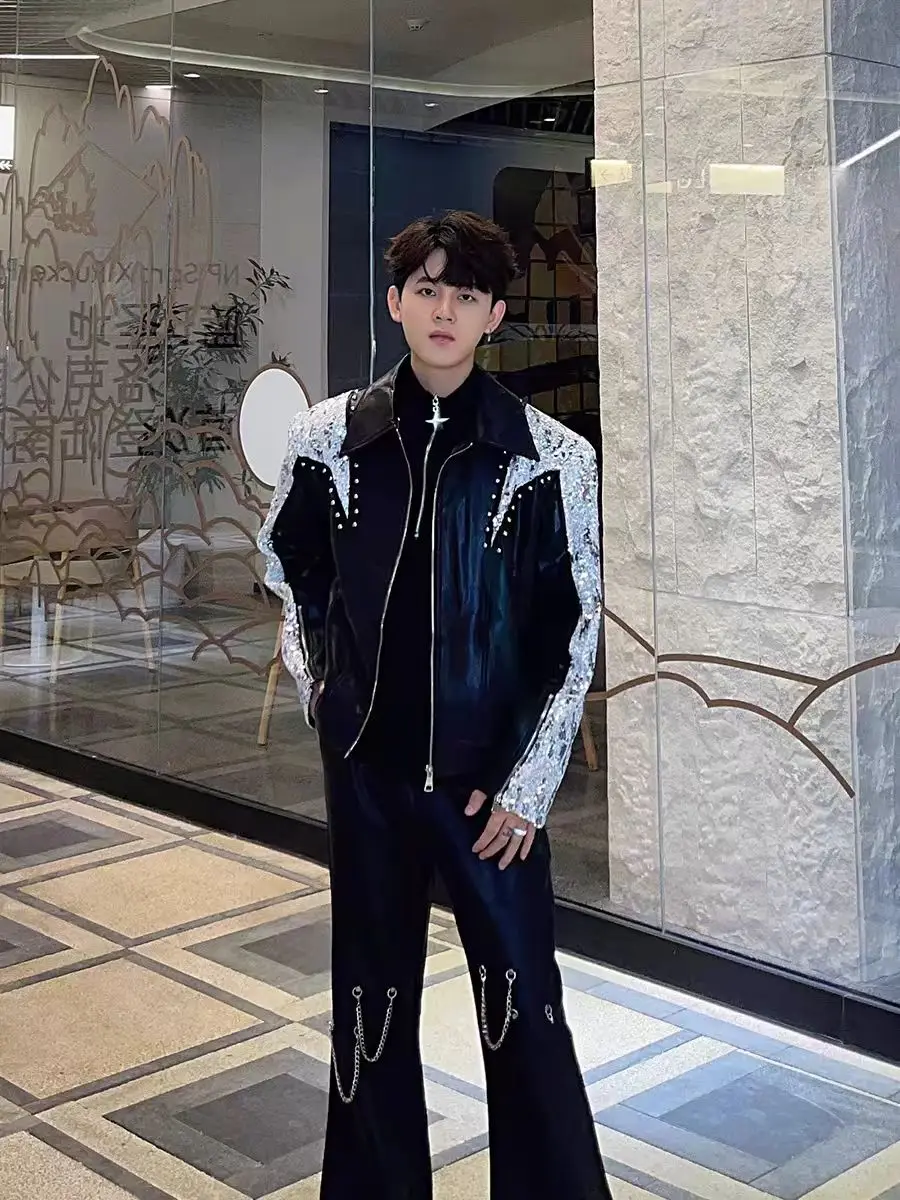 

Vintage Leopard print Rhinestone Leather Jacket Party Club Singer Dancer Model Show Stage Wear