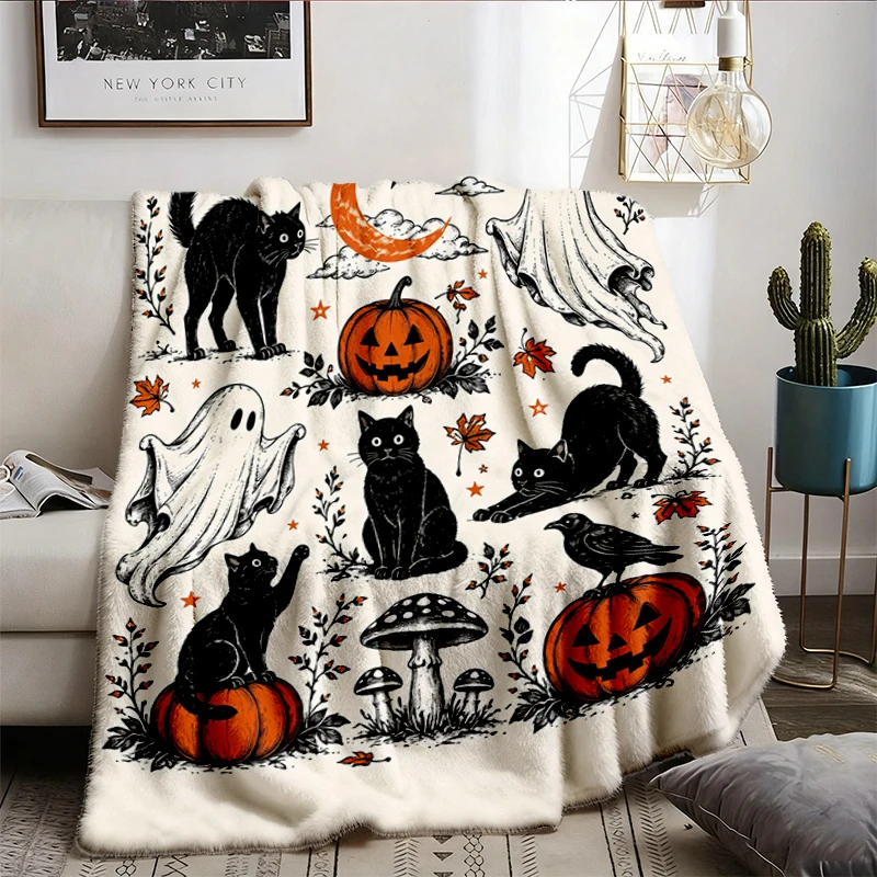 Halloween Black Cat Ghost Comfort Colors? Flannel Blanket, Spooky Cat Graphic Flannel Throw, Pumpkin Moon Cozy Blanket
