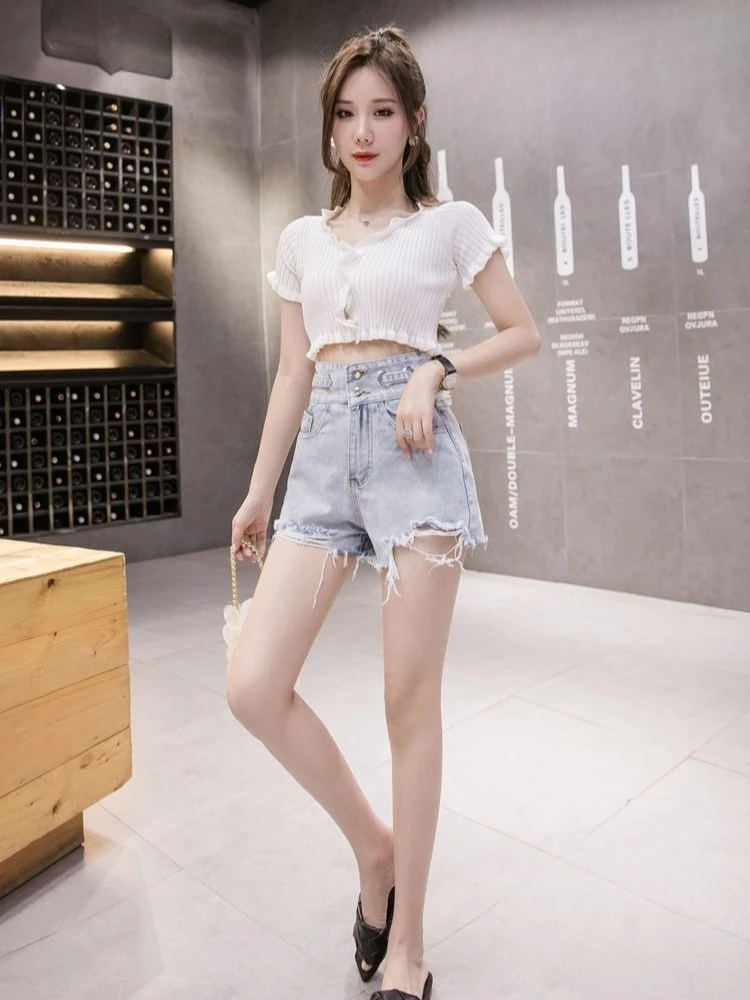 Fashion 2026 High Waist Denim Shorts Women Summer Ripped Distressed Hem Student Style