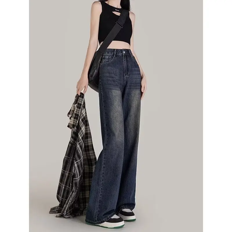 Street Fashion Retro Blue Denim Slightly Flared Pants Women's Four Seasons New Casual Simple High Waist Washed Mopping Pants