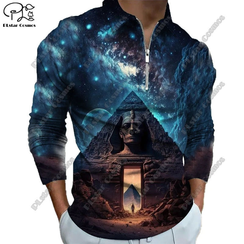 New Long Sleeve Zipper Polo 3D Print Halloween Collection Scary Skull Raven Dark POLO Long Sleeve T-Shirt Unisex Gift KB-5