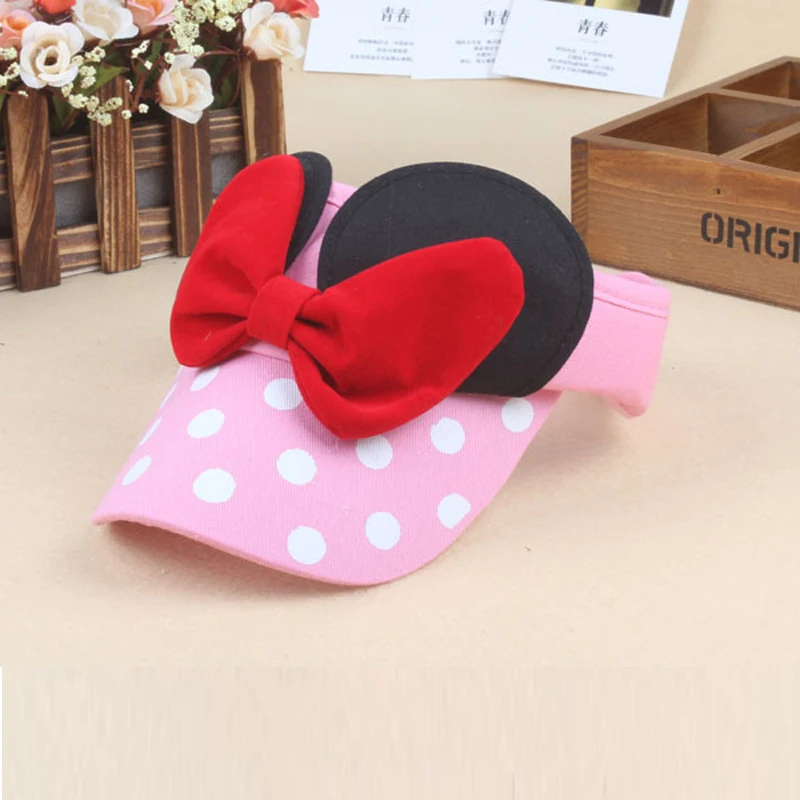 Disney Hat Minnie Mouse Cartoon Hat Minnie Bow Sunscreen Empty Top Hats for Girls Summer Outdoor Sun Protection Visor Cap Gifts