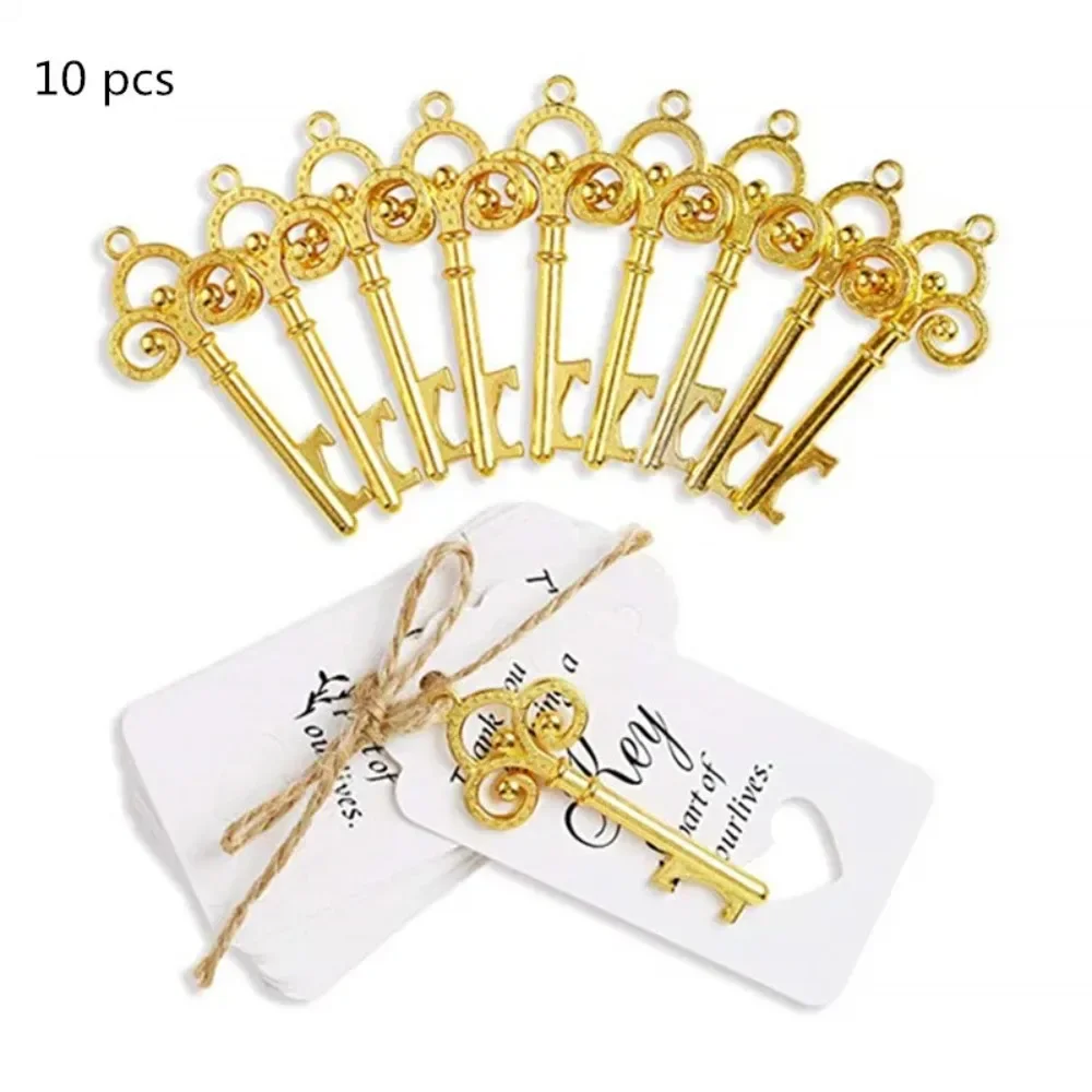 10pcs  Gold Wedding Bottle Key Opener with Tag Antique Copper Bottle Key Opener Wedding Souvenir Decor Gift Party Favor Supplies