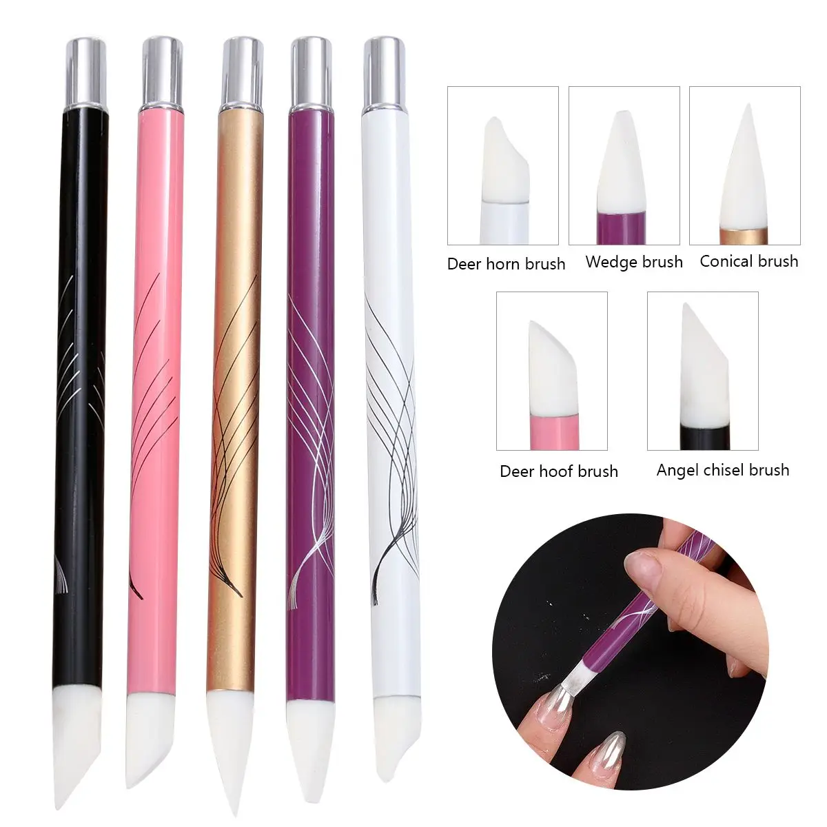 5Pcs 실리콘 네일 브러쉬 세트 블랙 키트 전문 라이너 그림 도구 아크릴 네일 펜 내구성 부드러운