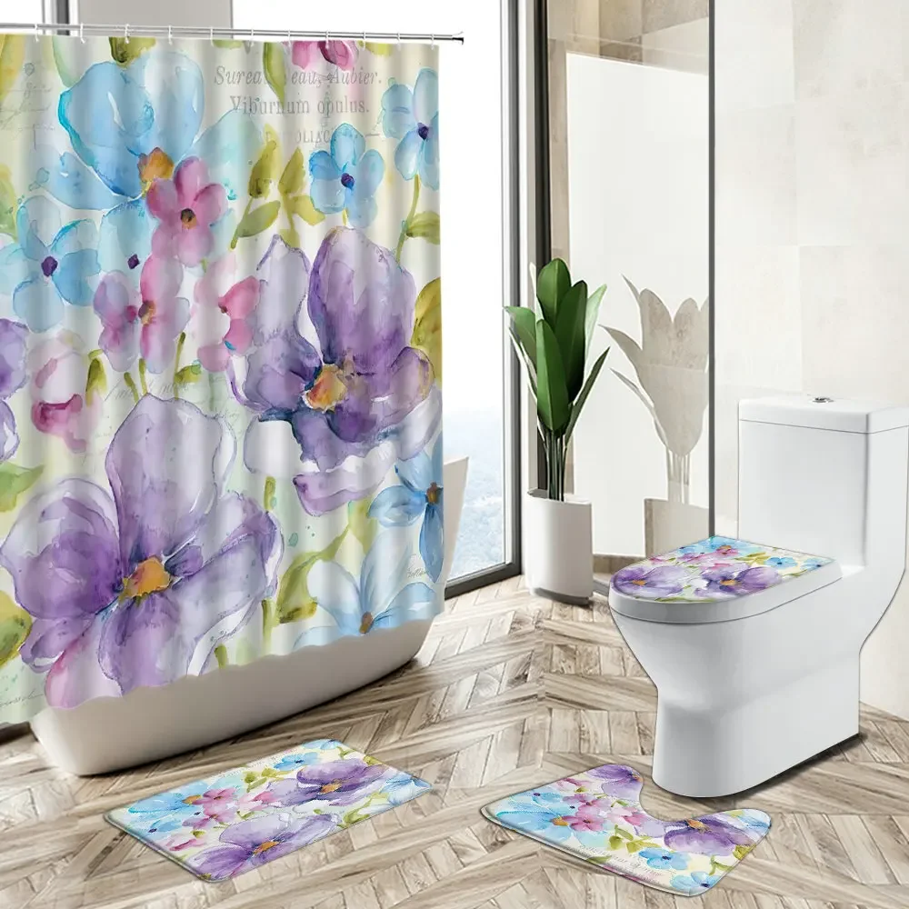 Flower Blooming Scenery Shower Curtain Butterfly Floral Green Plant Watercolor Art Non-Slip Rug Toilet Cover Bathroom Deco Set