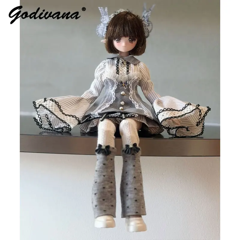 Vintage BJD Clothes Gray Stripe Flare Sleeve Corset Top Mini Skirt Lace‑up Bow Leg Warmers Lace Headpiece for Special 1/6 BJD