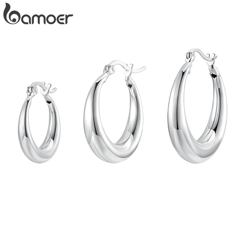BAMOER White Gold Plated Hoop Earrings Chunky Earring with 925 Sterling Silver Ear Buckles Punk Women Hypoallergenic Ear Jewelry