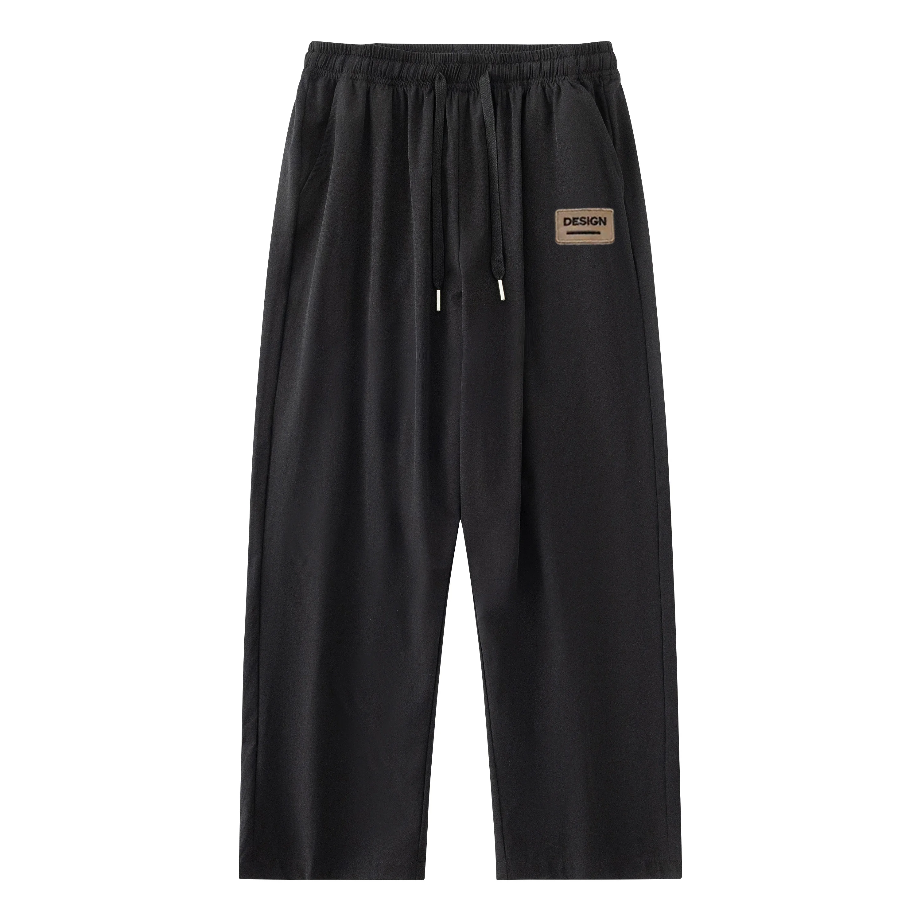 

Mens Black Drawstring Pocket Casual Pants Relaxed Straight Leg Trousers with Patch Detail Minimalist Streetwear Bottoms