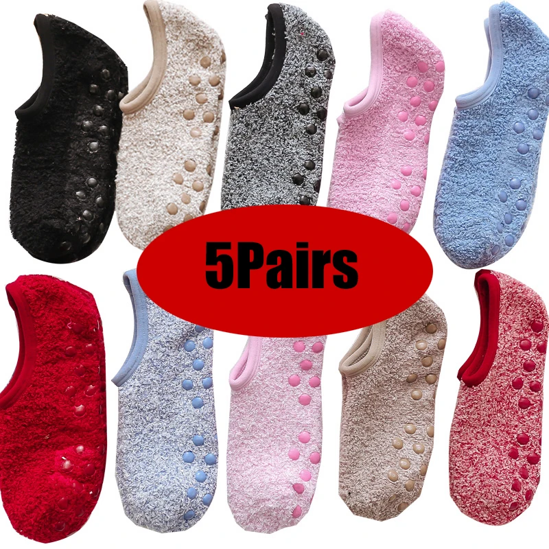 5 Pairs Coral Fluwelen Vloer Boot Sokken Vrouwelijke Mannelijke Winter Warm Katoen Pluche Distributie Antislip Korte Slippers Indoor yoga