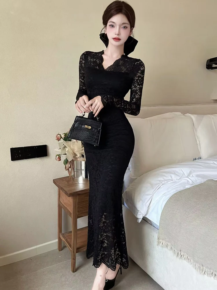 Feminino coreano vintage luxo bodycon vestido longo primavera outono branco renda jacquard vestido 2025 elegante chique babados vestidos de noite
