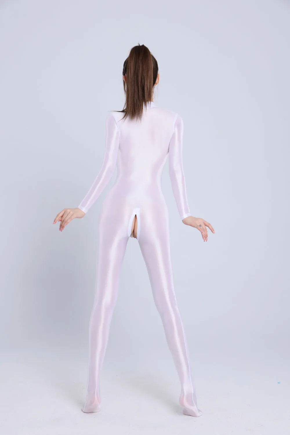 Neuer Ölglänzender Langarm-Nylon-Bodystocking Catsuit mit Doppelreißverschluss im Schritt Glatter Seidiger Bodysuit Elastischer Fitness-Jumpsuit Leotard – Detail 3
