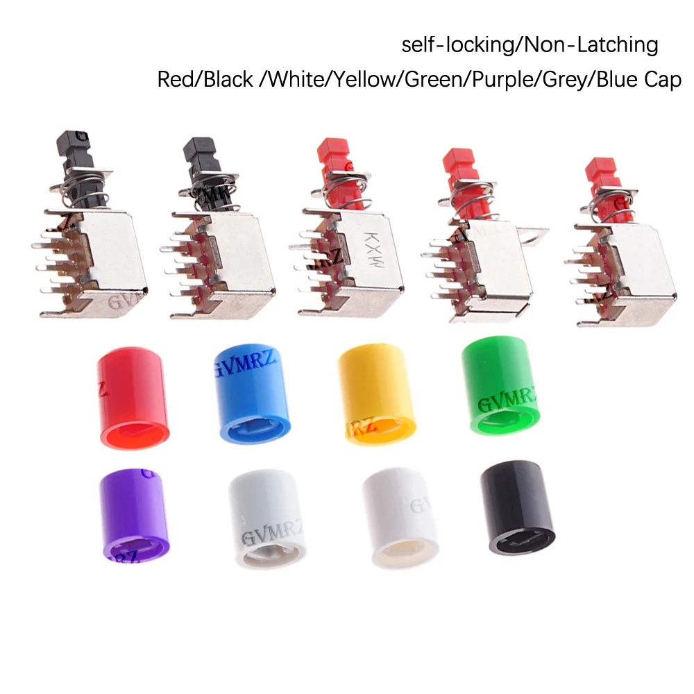 

10 шт. PS-22F03 Прямой кнопочный переключатель A03, 6-контактный, самоблокирующийся, с колпачками: желтый, зеленый, красный, черный, белый.