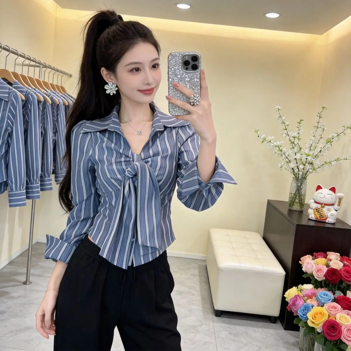 Elegant V-neck Shirt Women's Fashion Tie Waist Long Sleeve Knot Design Spring Autumn French Style Slim Fit Polyester