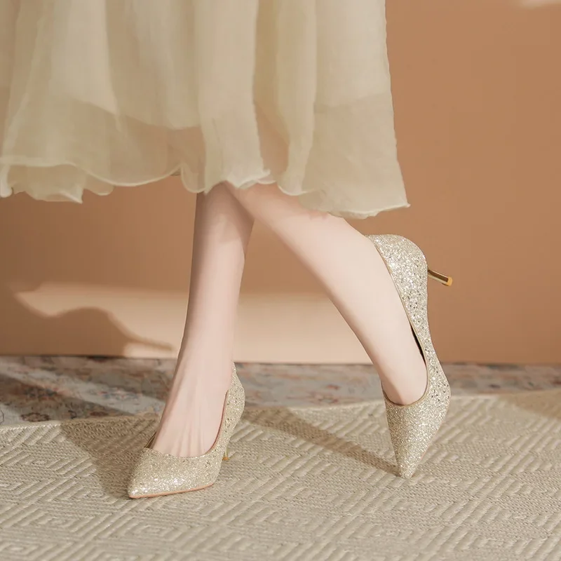 Zapatos De tacón dorados champán para Mujer, novedad De 20220, temperamento De primavera, Zapatos De boda con diseño De tacones altos finos para Mujer, Zapatos De Mujer