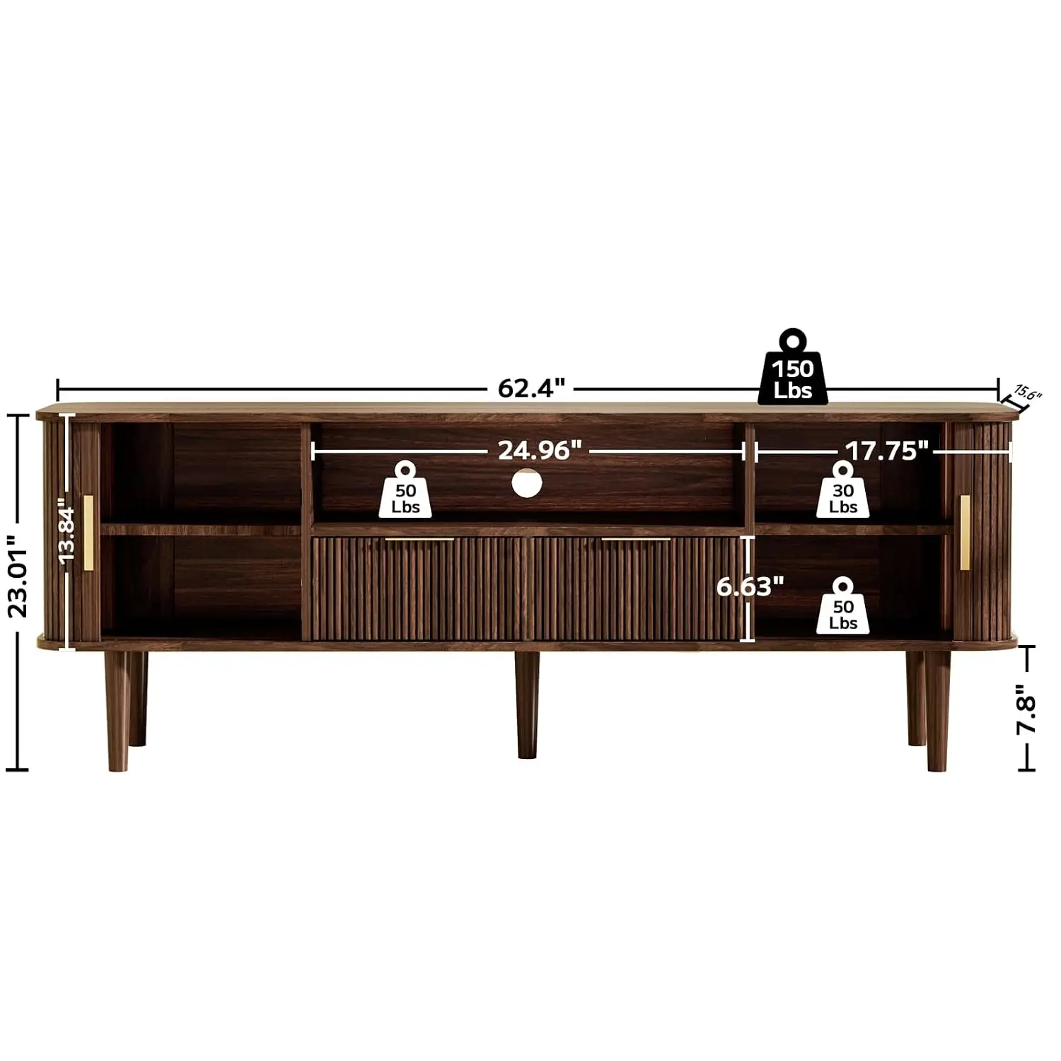 Fluted TV Stand Cabinet with Sliding Door, 62 Inch Mid Century Modern Wood Entertainment  for Living Room to 75