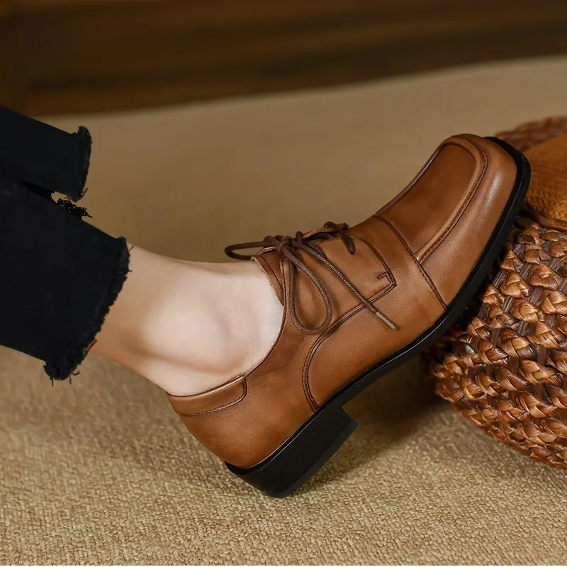 

Low Heel SquareToe British Style Daily Shoes Woman Spring Autumn Vintage Simple Shoes Ladies Cowhide Soft Leather Lace-Up Flats