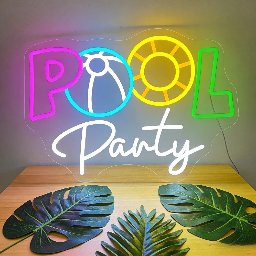 プールパーティー用ledネオンサイン、ビーチボールと救命浮輪付き、ホームバー、結婚式、誕生日、夏のパーティー装飾、トロピカルリーフテーマ