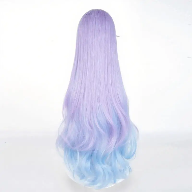 Jogo de alta qualidade cantarella peruca cosplay longo encaracolado roxo-azul gradiente peruca resistente ao calor sintético simulado couro cabeludo headwear