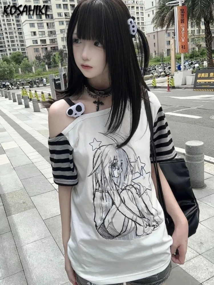 

Patchwork Contrast Color Striped Casual Cartoon Print T-Shirt Off Shoulder Loose Womnen Tshirts Harajuku Y2k Aesthetic Tee Femme