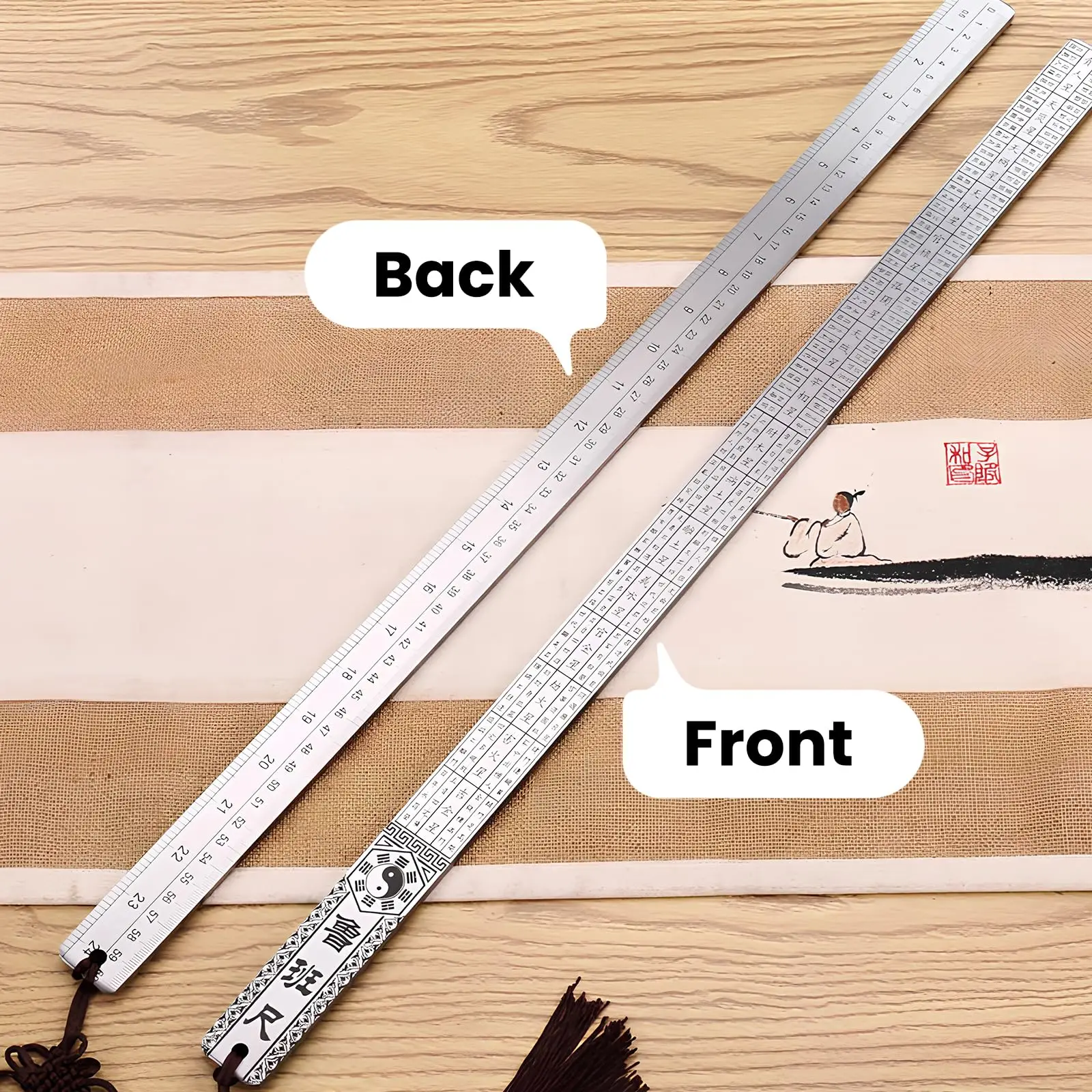 مسطرة من الفولاذ المقاوم للصدأ شديدة التحمل مقاس 20 بوصة/50 سم - مقياس مزدوج بوصة/سم، سميكة 3 مم للدقة، مع حقيبة جلدية، أداة دفاع عن النفس