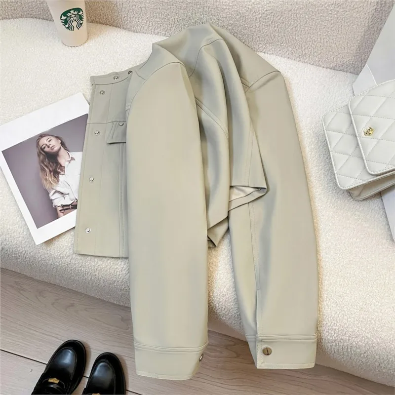

Beige gray leather coat women 2024 new fashion short loose motorcycle leather jacket