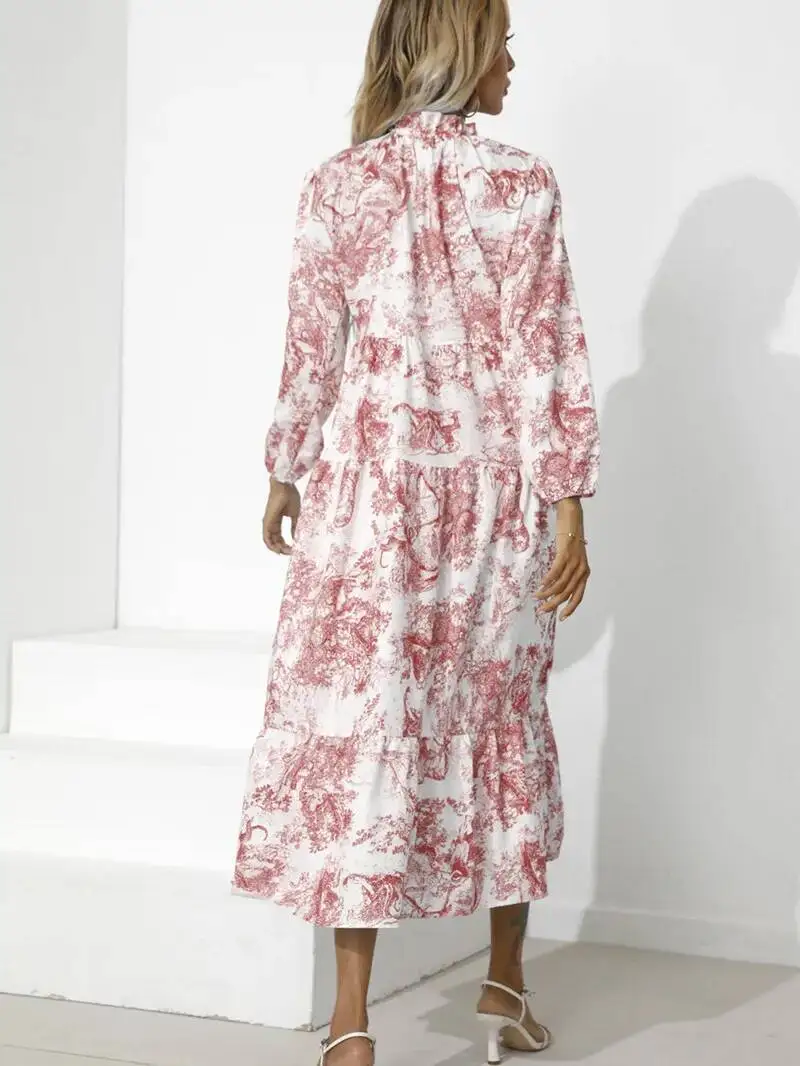 ربيع الخريف المرأة الجديدة جولة الرقبة المألوف المطبوعة طوق حزام فضفاض تسعة سنت كم طويل الأكمام فستان كاجوال BAQ7