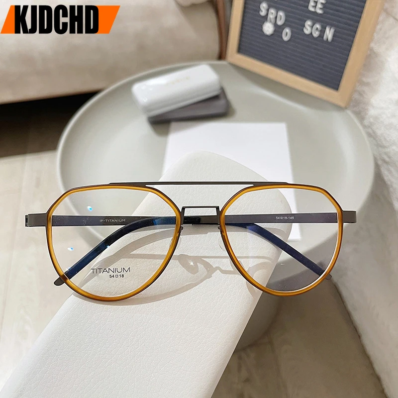 kjdchd-スクリューレスブランドデザインダブルビームガファス純チタンラージパイロットアイウェアメンズクラシックビジネスヴィンテージメガネフレーム